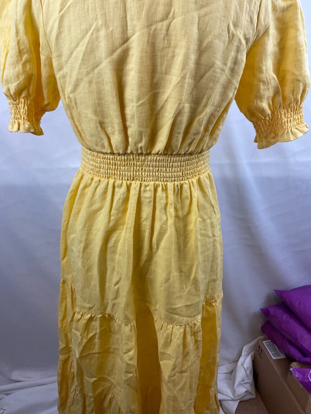 Boden Anne Linen Tiered Midi Dress US 4R Yellow Short Puff Sleeve V-Neck - Picture 8 of 10